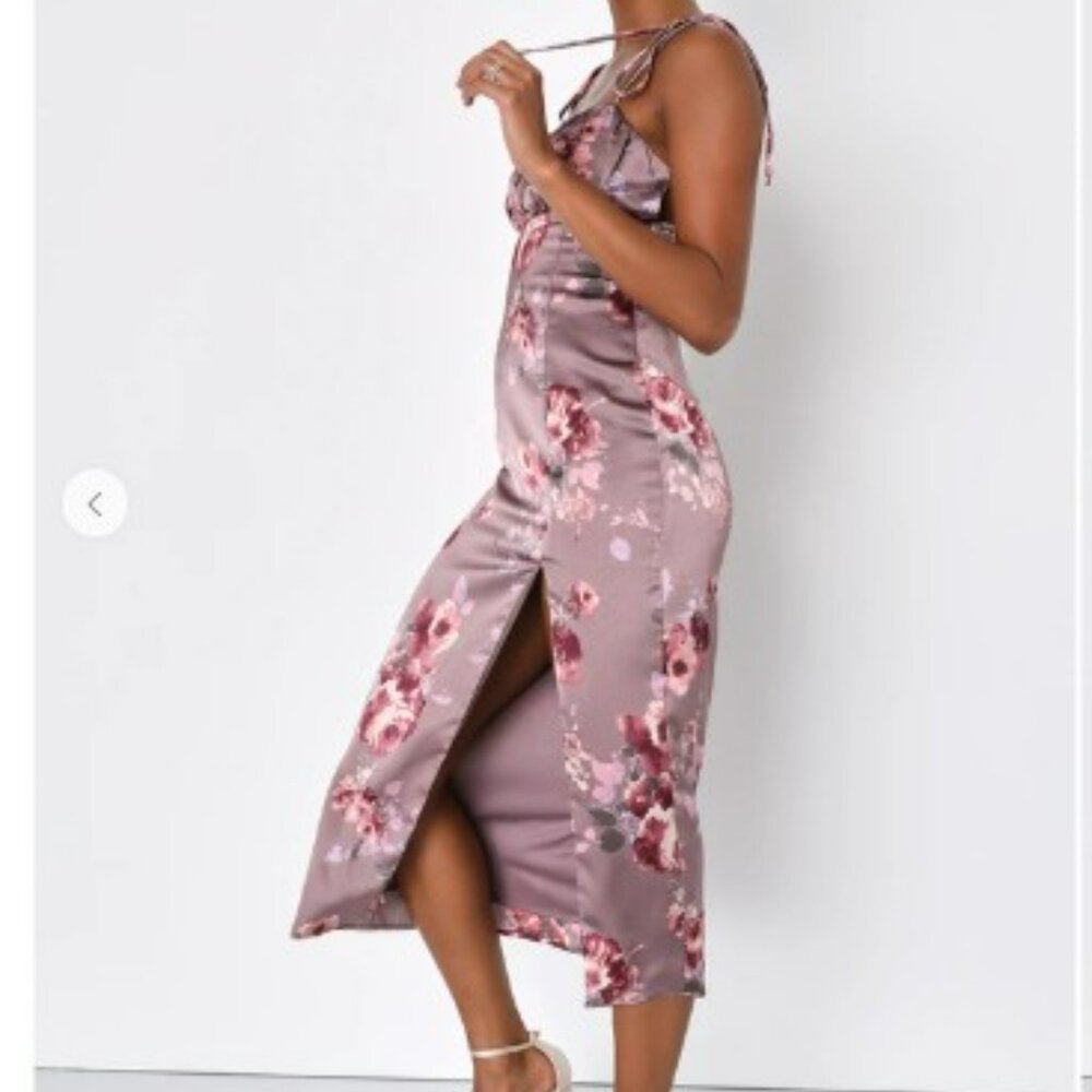 NWT! Lulus Fleur-ty Behavior Mauve Floral Satin Tie-strap Midi Dress Purple - Picture 2 of 4